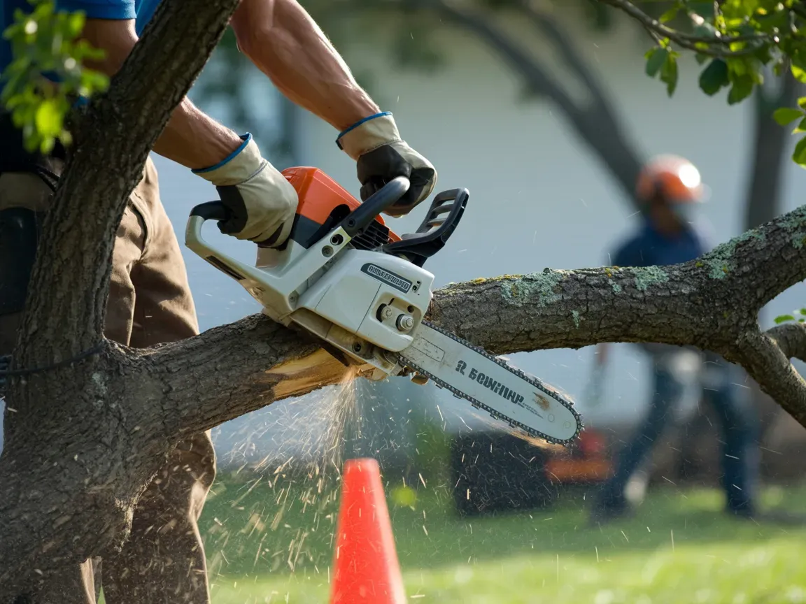 Person using a chainsaw to cut a tree branch outdoors. Another person wearing a helmet is in the blurred background.
