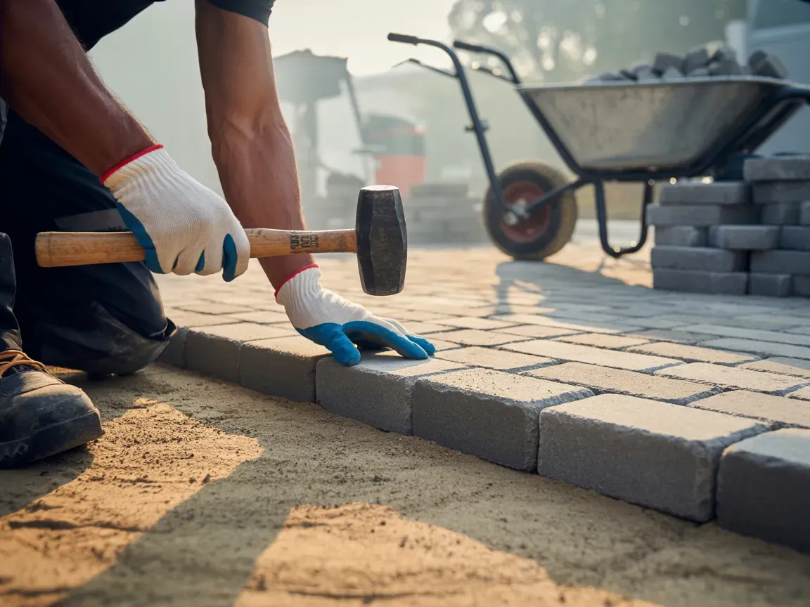 A construction worker laying bricks with a mallet, outdoors.
