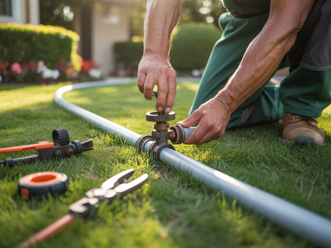 Person in green pants connecting a water pipe in a grassy yard. Tools and hose on the ground.