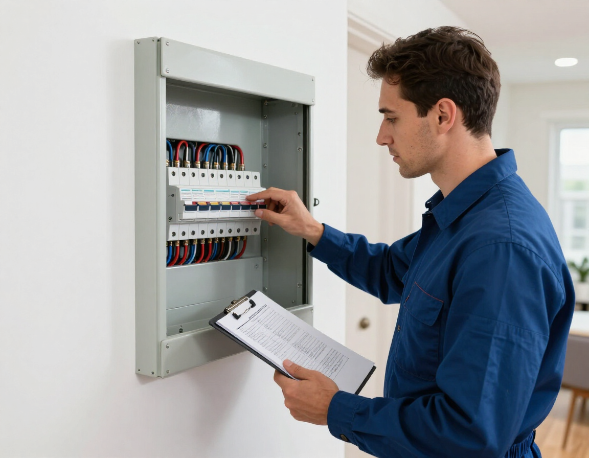 Electrician inspecting an electrical panel
