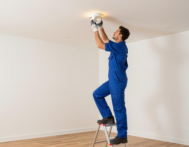 Electrician installing lighting fixtures