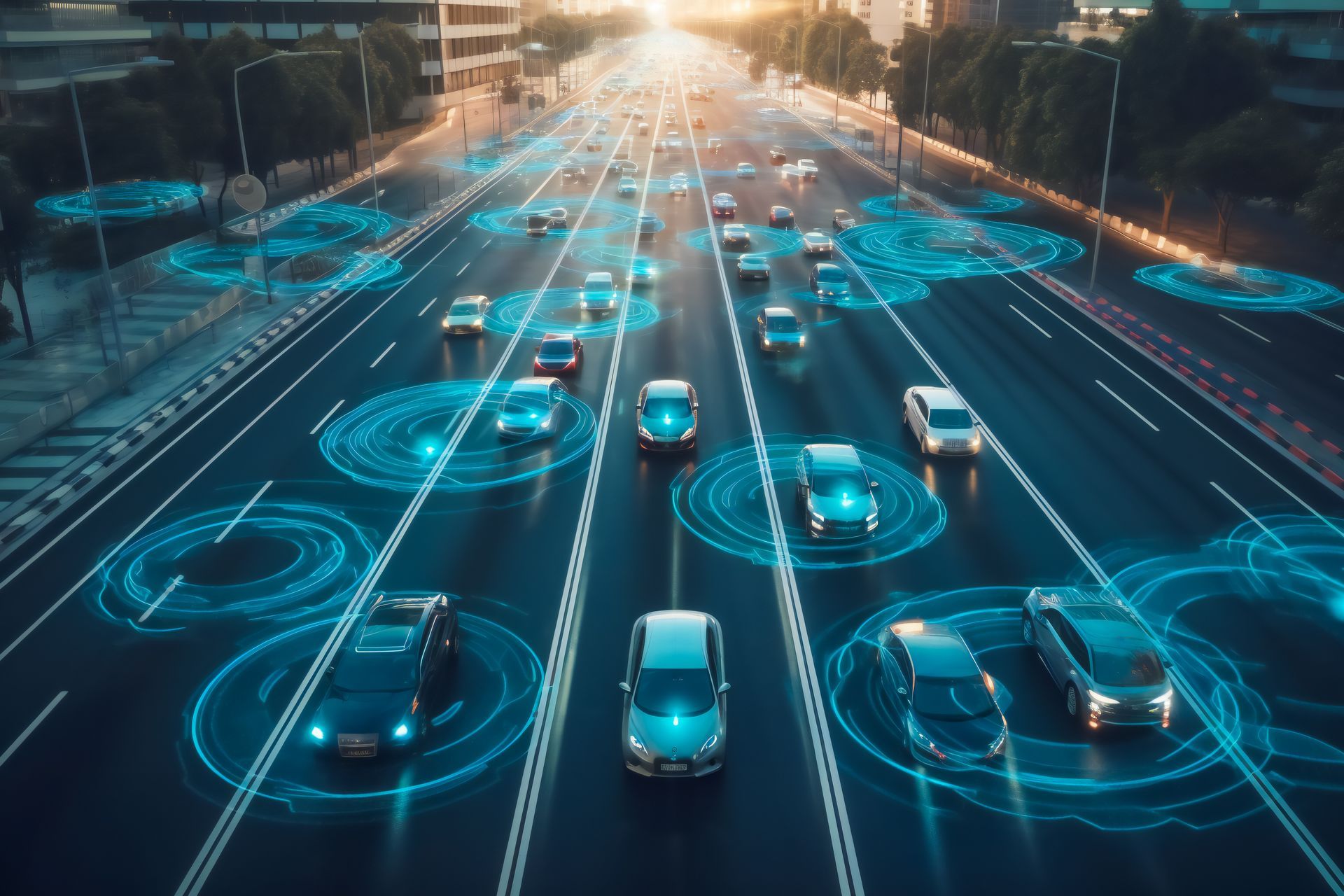 Autonomous vehicles on a multi-lane highway, with blue sensor circles. City skyline background. | Morin Brothers Automotive