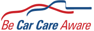 Logo with red and blue car outline over text 