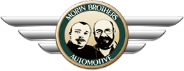 Logo with "Morin Brothers Automotive" text and two men's portraits in a circular emblem with wing details. | Morin Brothers Automotive