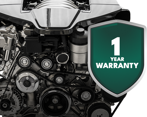 Car engine with a green shield graphic indicating a 1-year warranty. | Morin Brothers Automotive
