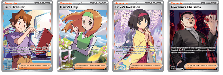 Pokémon Trainer Cards Bill's Transfer, Daisy's Help, Erika's Invitation, Giovanni's Charisma from Pokémon 151