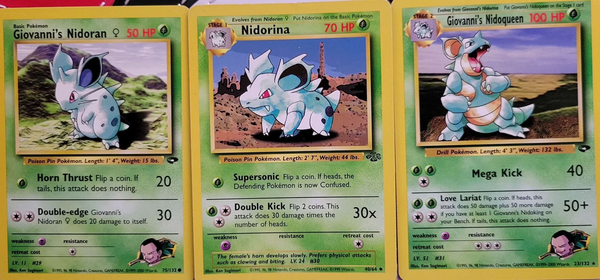 a collection of pokemon cards including nidoran, nidorina, nidoqueen