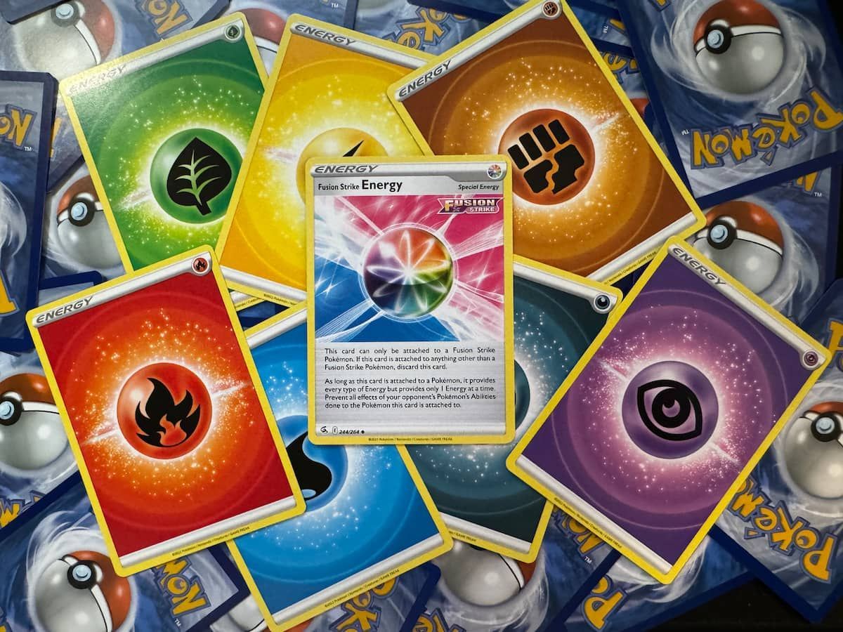 Pokémon fire, water, grass, electric, fighting, dark, psychic, and fusion strike energy cards