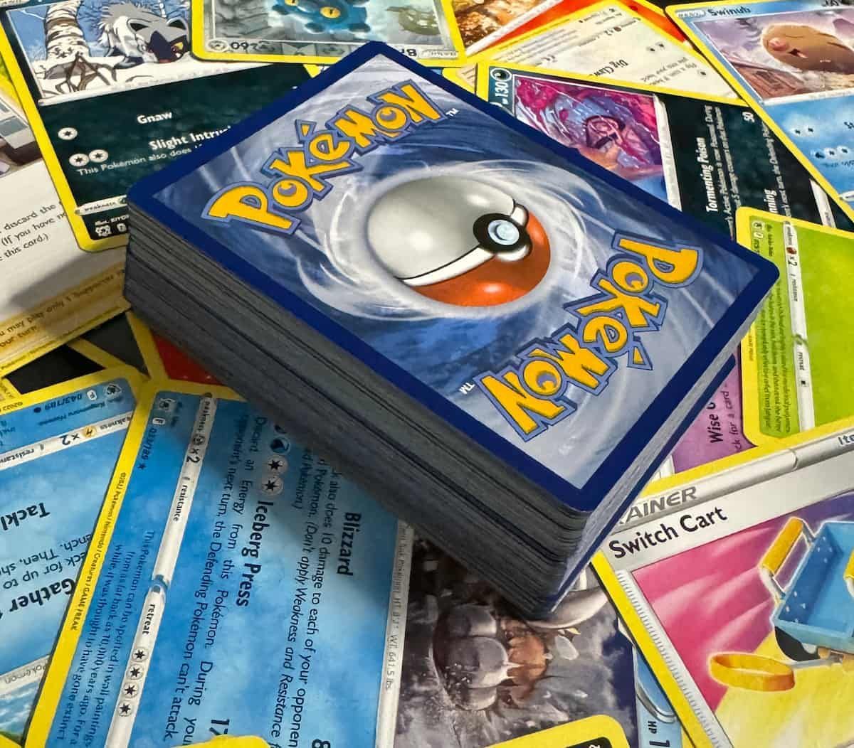 60 card Pokémon deck on stack of Pokémon cards