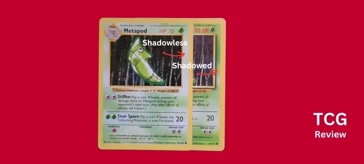 a shadowless and shadowed Metapod Pokémon card next to eachother