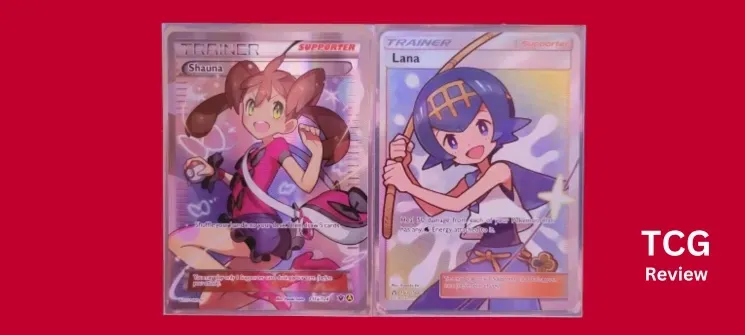 two Full Art Pokémon Trainer cards Shauna, and Lana sitting next to each other.