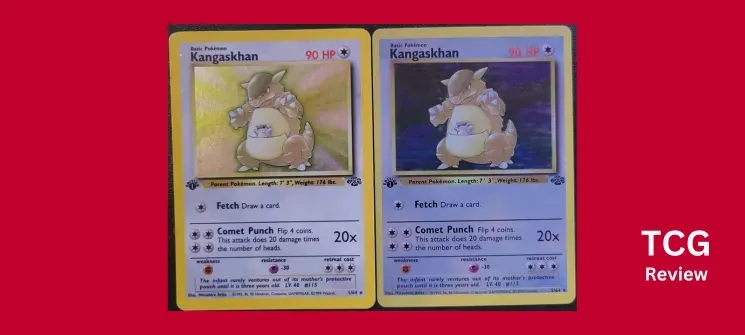 a real 1st edition Kangaskhan Pokémon card sitting next to a fake 1st edition Kangaskhan Pokémon card