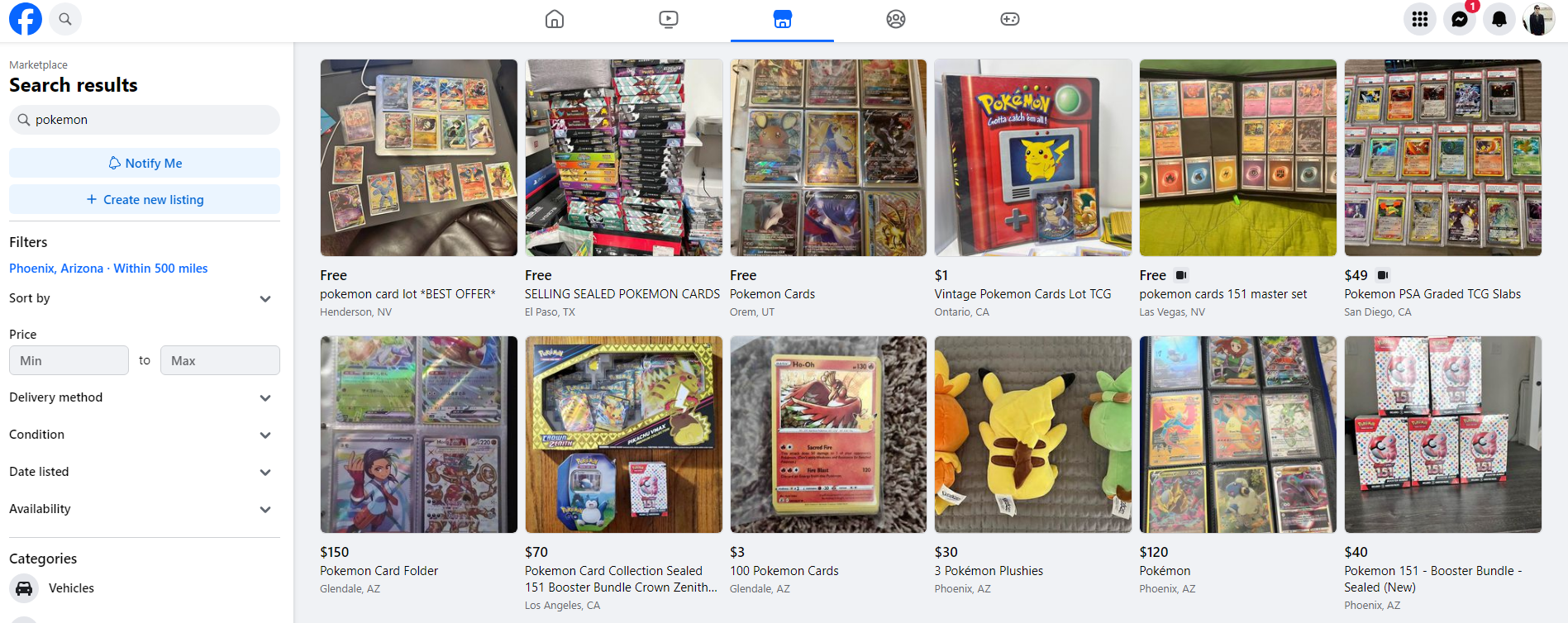 a screenshot of the Facebook marketplace