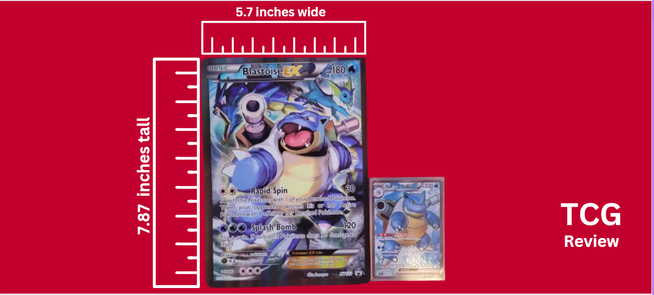 jumbo sized Pokémon card measuring 5.7 inches wide by 7.87 inches tall next to a standard Pokémon card