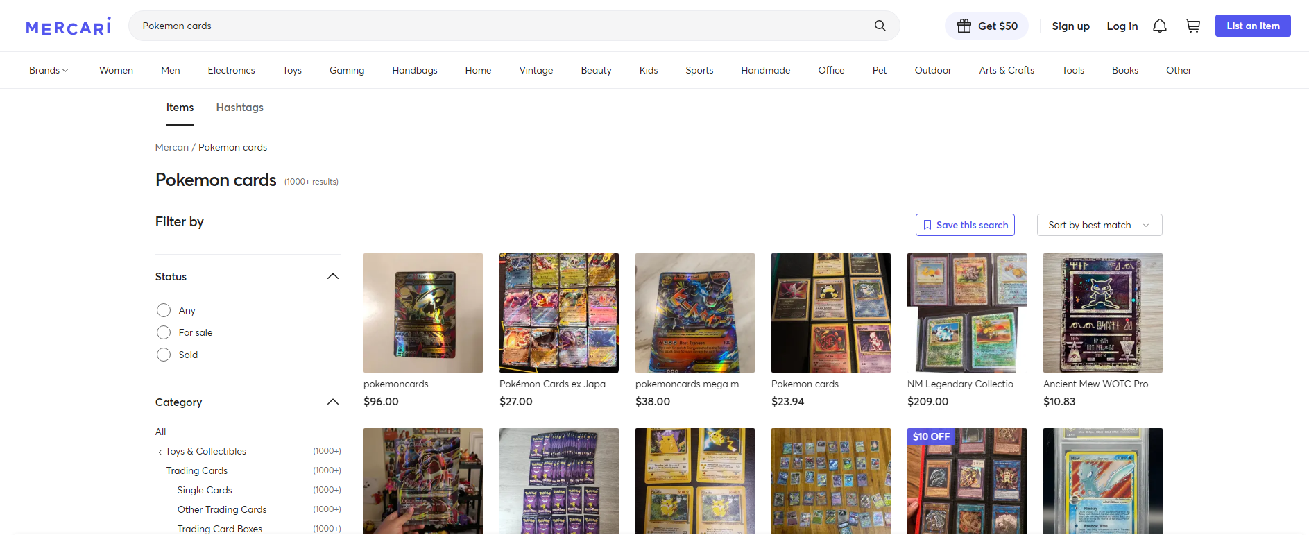 a screenshot of the mercari website searching for pokemon cards