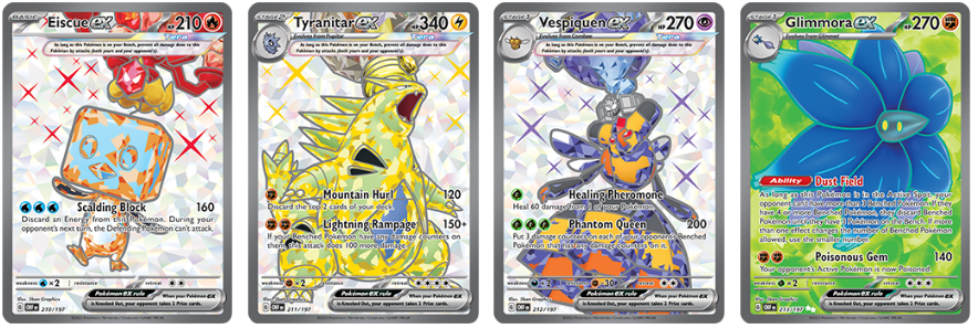 Pokémon Eiscue EX, Tyranitar EX, Vespiquen EX, Glimmora EX from Obsidian Flames