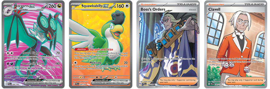 Pokémon Noivern EX, Squakabilly EX Trainer Card, Boss's Orders, Clavell from Paldea Evolved