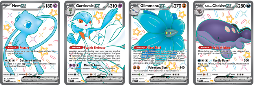 Pokémon Mew EX, Gardevoir EX, Glimmora EX, ClodSire EX from Paldean Fates