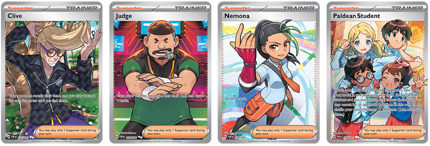 Pokémon Trainer Cards Clive, Judge, Nemona, Paldean Student from Paldean Fates