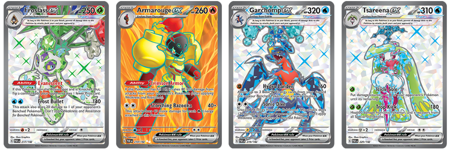 Pokémon Froslass EX, Armarouge EX, Garchomp EX, Tsareena EX, from Paradox Rift