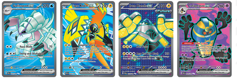 Pokémon Golisopod EX, Tapu Koko EX, Iron Hands EX, Cofagrigus EX from Paradox Rift