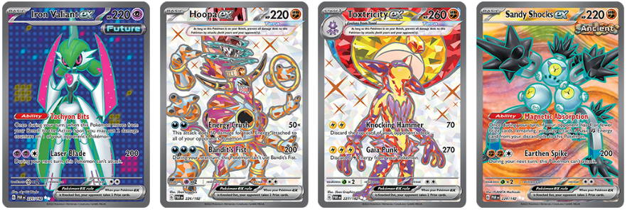 Pokémon Iron Valiant EX, Hoopa EX, Toxtricity EX, Sandy Shock EX from Paradox Rift