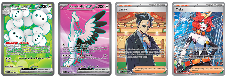 Pokémon Maushold EX, Bombirder EX, Trainer Cards, Larry, Mela from Paradox Rift