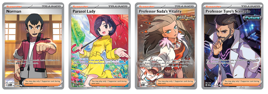 Pokémon Trainer Cards Norman, Parasol Lady, Professor Sad's Vitality, Professor Turo's scenario from Paradox Rift