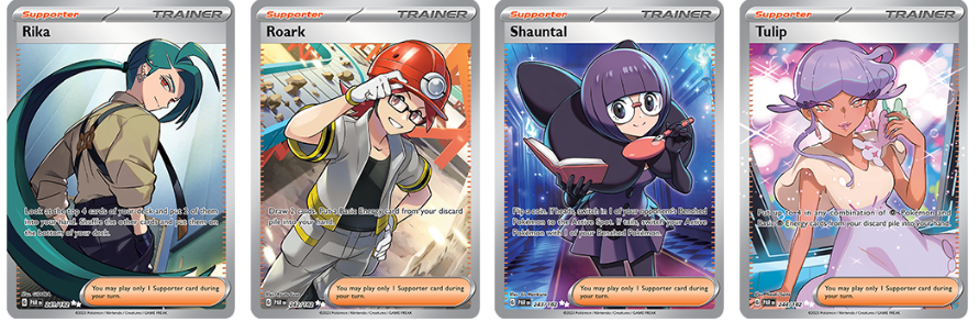 Pokémon Trainer Cards Rika, Roark, Shauntal, Tulip from Paradox Rift