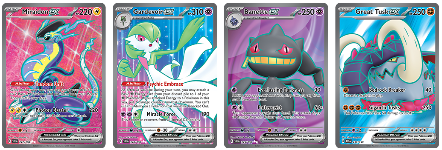 Pokémon Miraidon EX, Gardevoir EX, Banette EX, Great Tusk EX from Scarlet & Violet