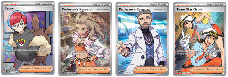 Pokémon  Trainer Cards Penny, Professor's Research, Professor's Research, Team Star Grunt from Scarlet & Violet