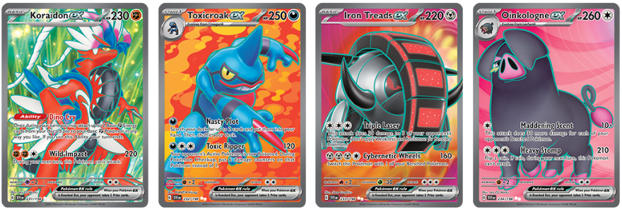 Pokémon Koraidon EX, Toxicroak EX, Iron Treads EX, Oinkologne EX from Scarlet & Violet