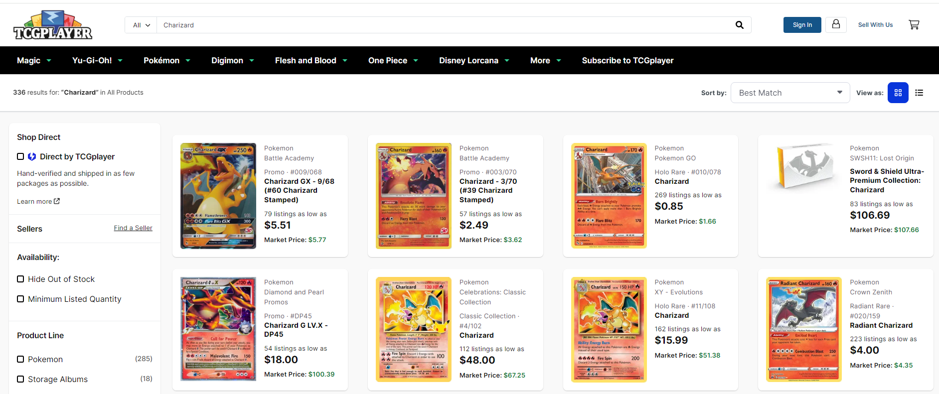 a screenshot of the  website  tcgplayer showing a variety of pokemon cards .