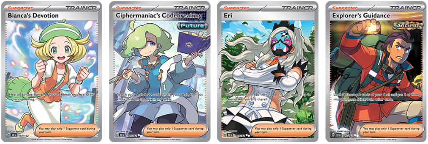 full art Pokémon Trainer cards Bianca's Devotion, Ciphermaniac's Codebreaking, Eri, Explorer's Guidance