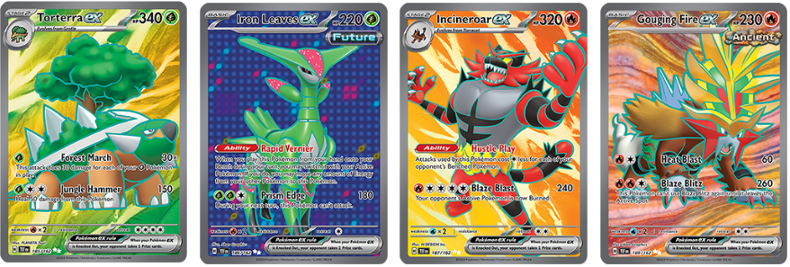 full art Pokémon cards Torterra EX, Iron Leaves EX, Incineroar EX, Gouging Fire EX