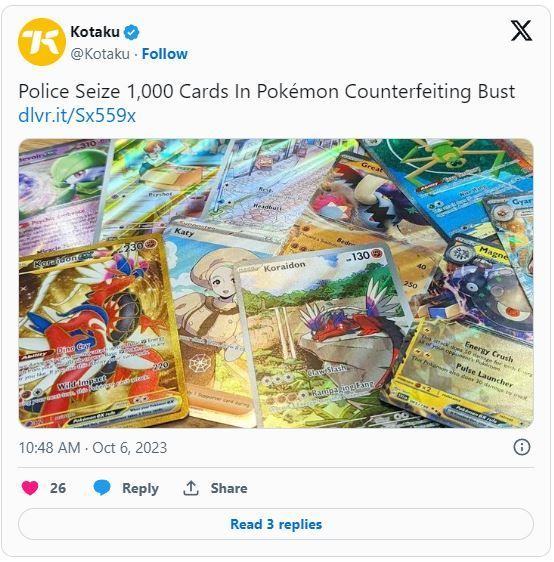 Kotaku fake Pokémon card counterfeiting bust twitter post 