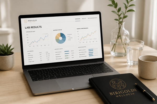 Laptop displaying analytics dashboard on a desk with notebook, pen, plants, and glass vase