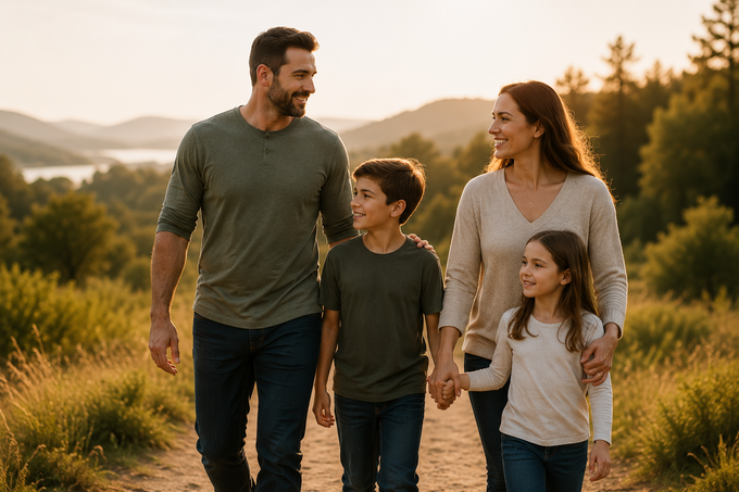 A family walking hand in hand through a field at sunset, with warm golden light and trees in the background.