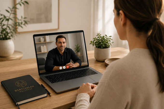 Woman video chatting on a laptop at a desk with a notebook and small potted plants