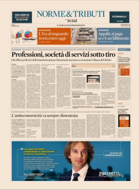Prima pagina del quotidiano italiano “Norme & Tributi” con titoli e una pubblicità Zucchetti in blu in basso.