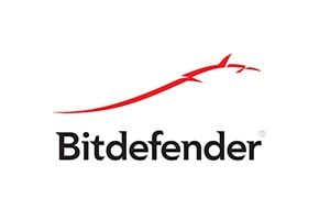 O logotipo do bitdefender é vermelho e preto com um avião.
