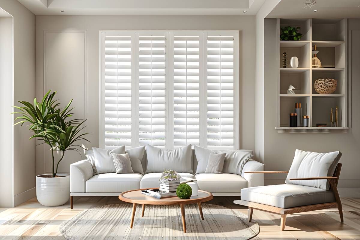 Living room with white interior shutters near Manchester, NH