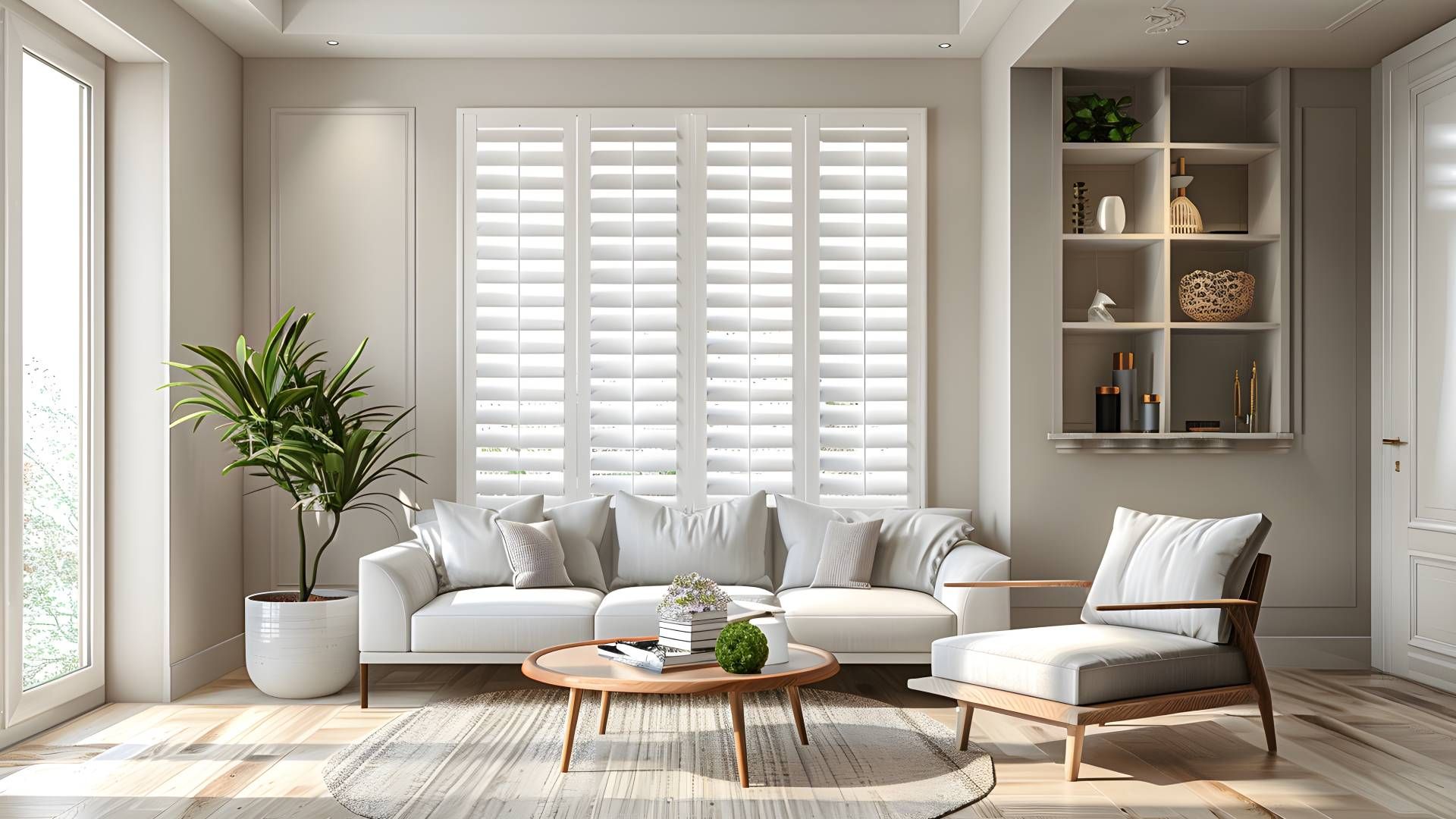 Living room with white interior shutters near Manchester, NH