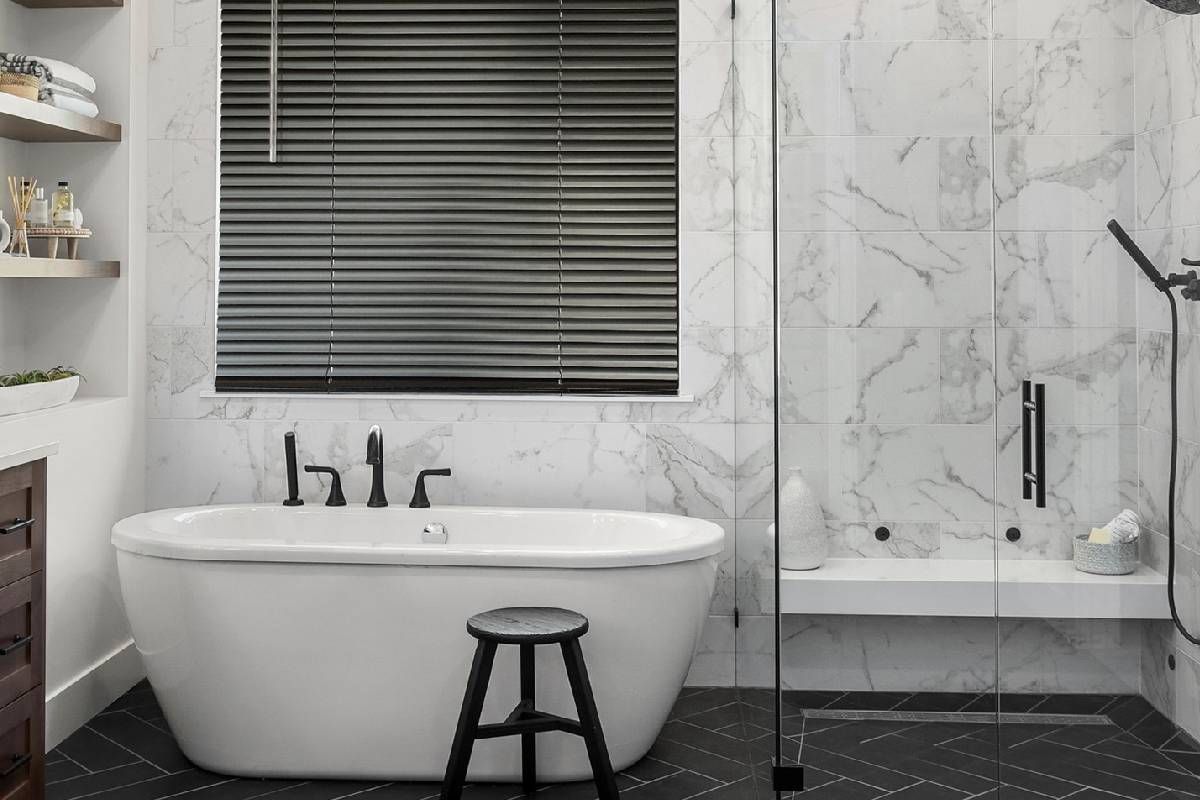 Bathroom window treatments in a stylish bathroom near Manchester, NH