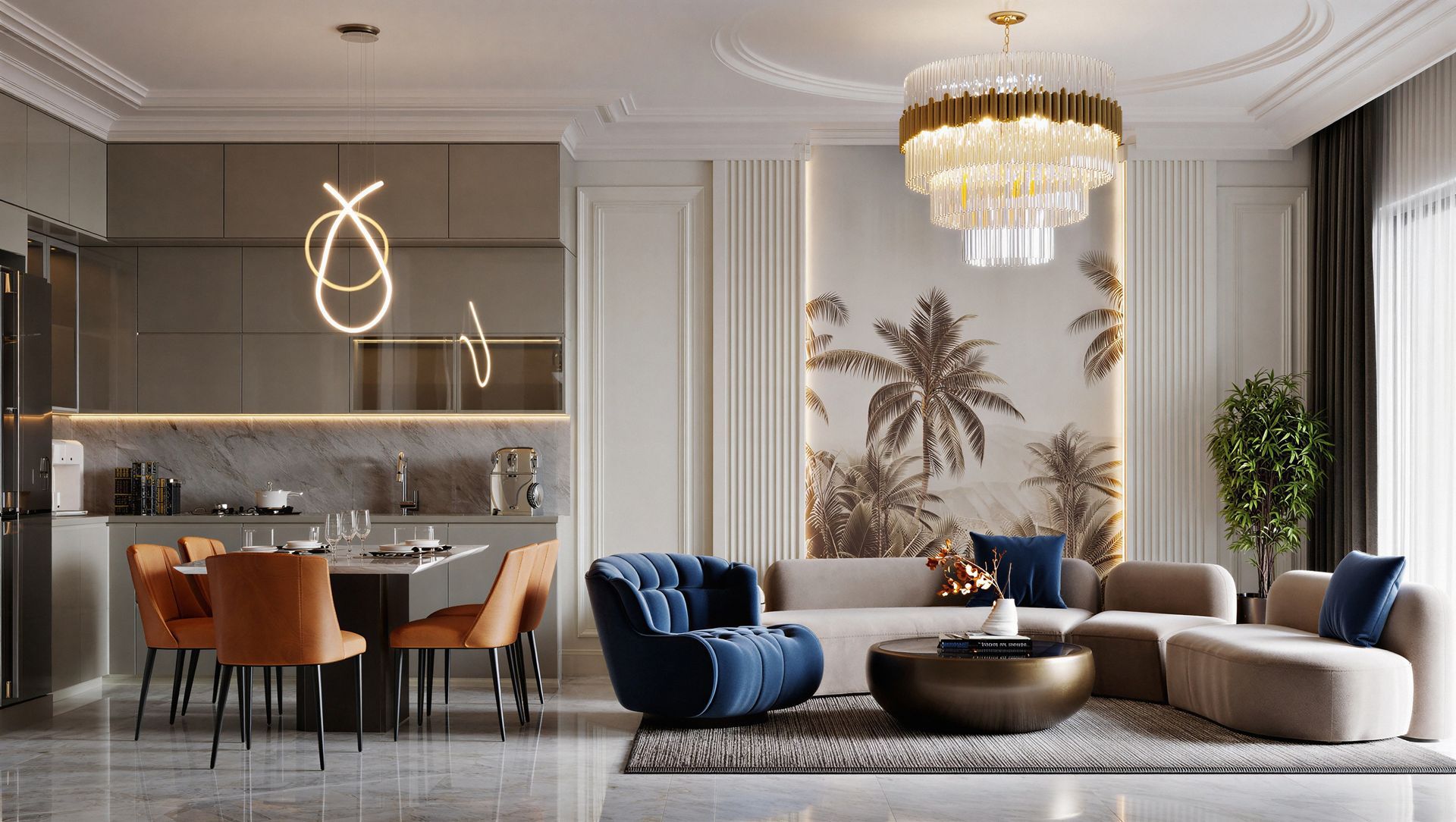  Contemporary living room with curved furniture, orange and blue chairs, and drapery. 