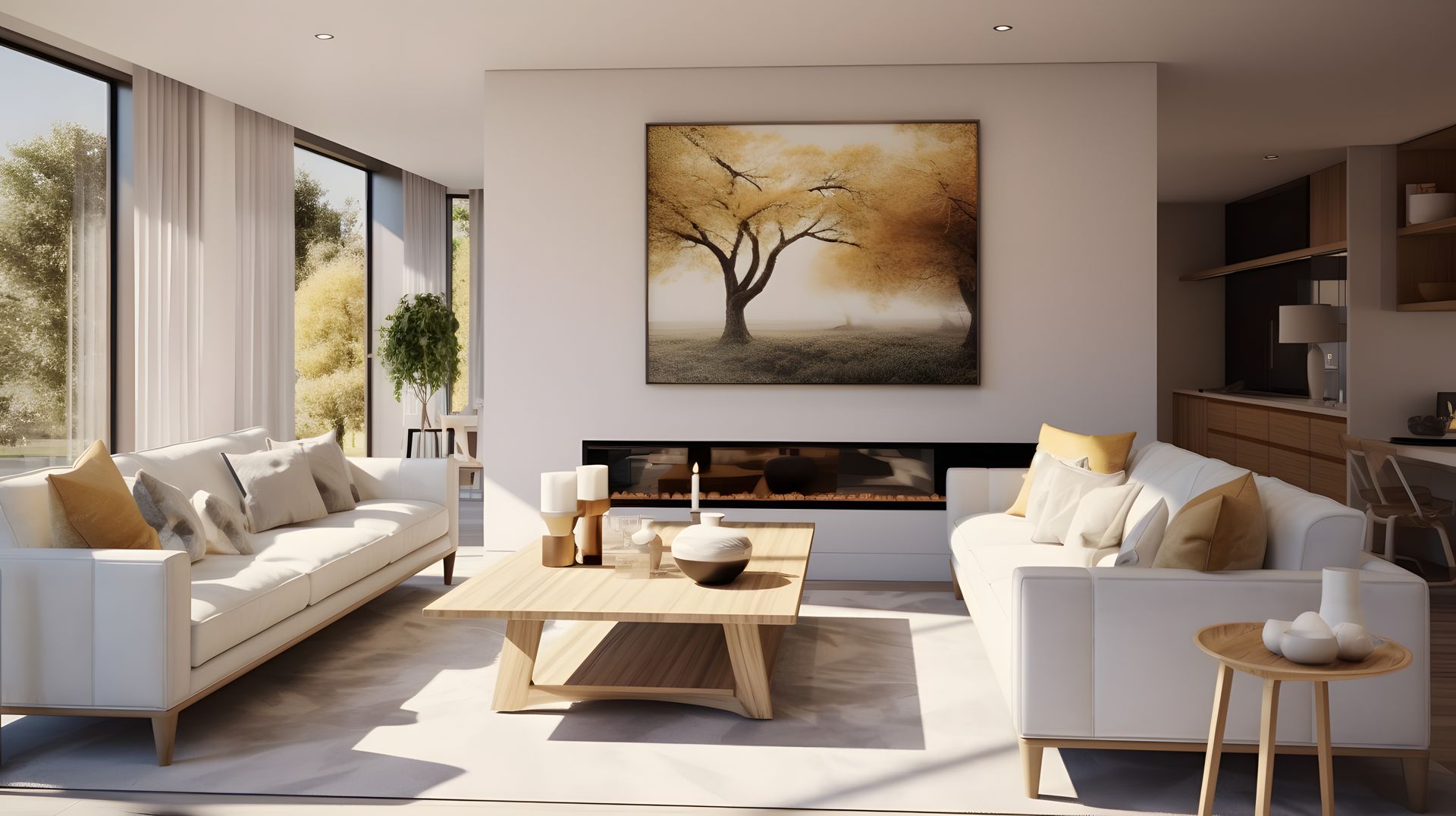 Modern beige drapery covering windows in a well-furnished living room.  