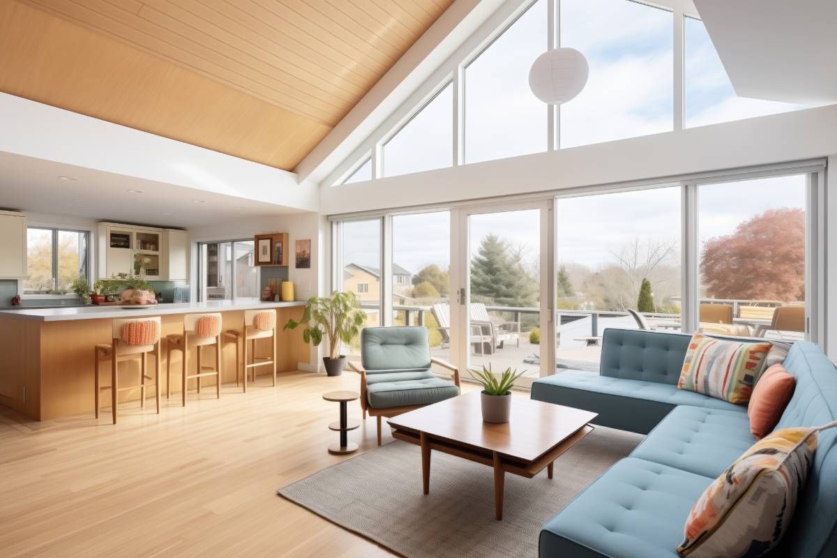 Angled windows in a modern kitchen in a home near Manchester, NH