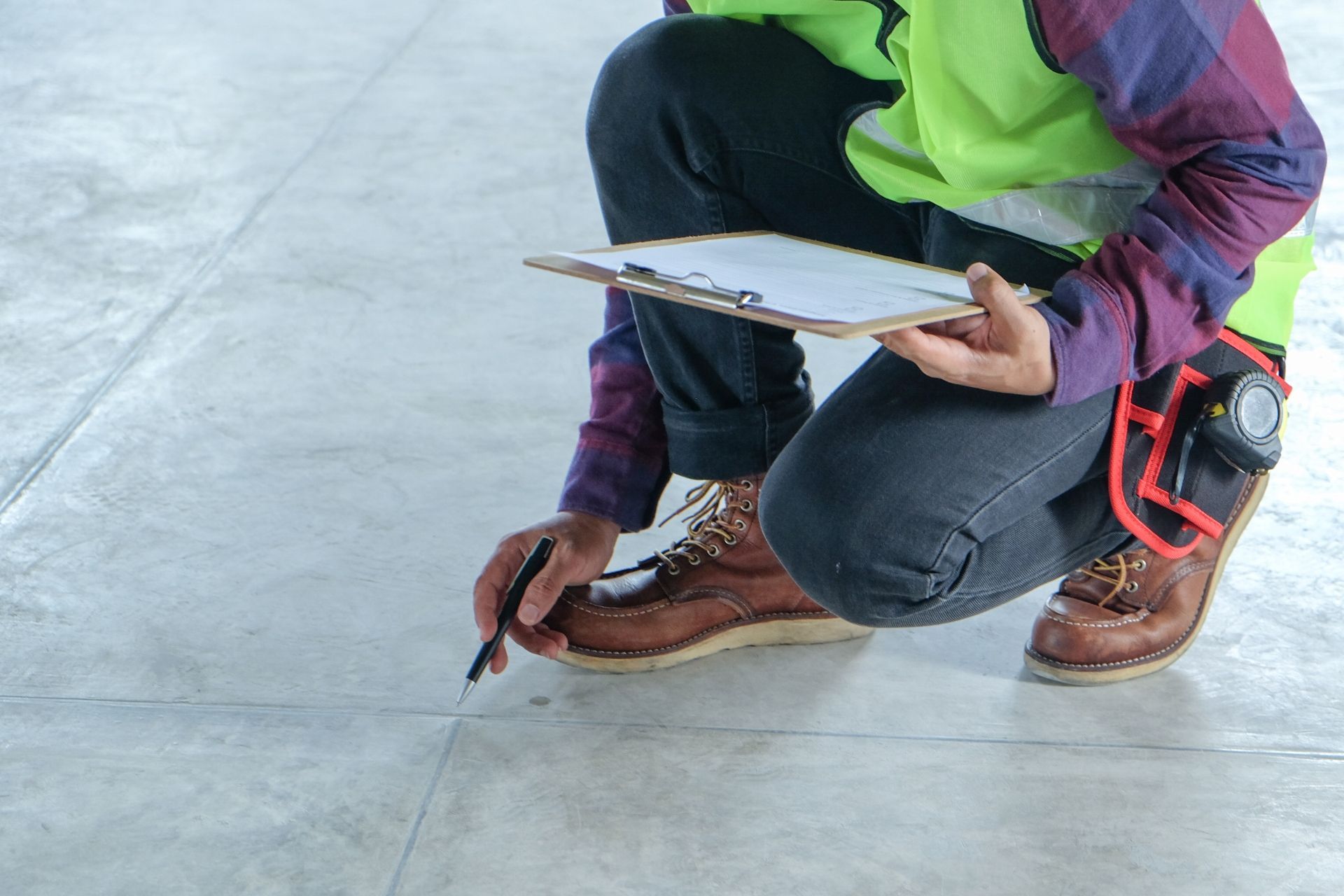 Person in work clothes crouched, writing on a clipboard, inspecting a concrete floor.
