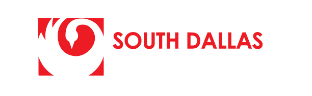 The South Dallas logo, featuring a white stylized bird silhouette within a red square next to the red text 