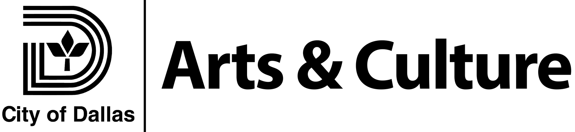 Logo for City of Dallas Arts & Culture, featuring a stylized letter D with a leaf icon, beside the text 